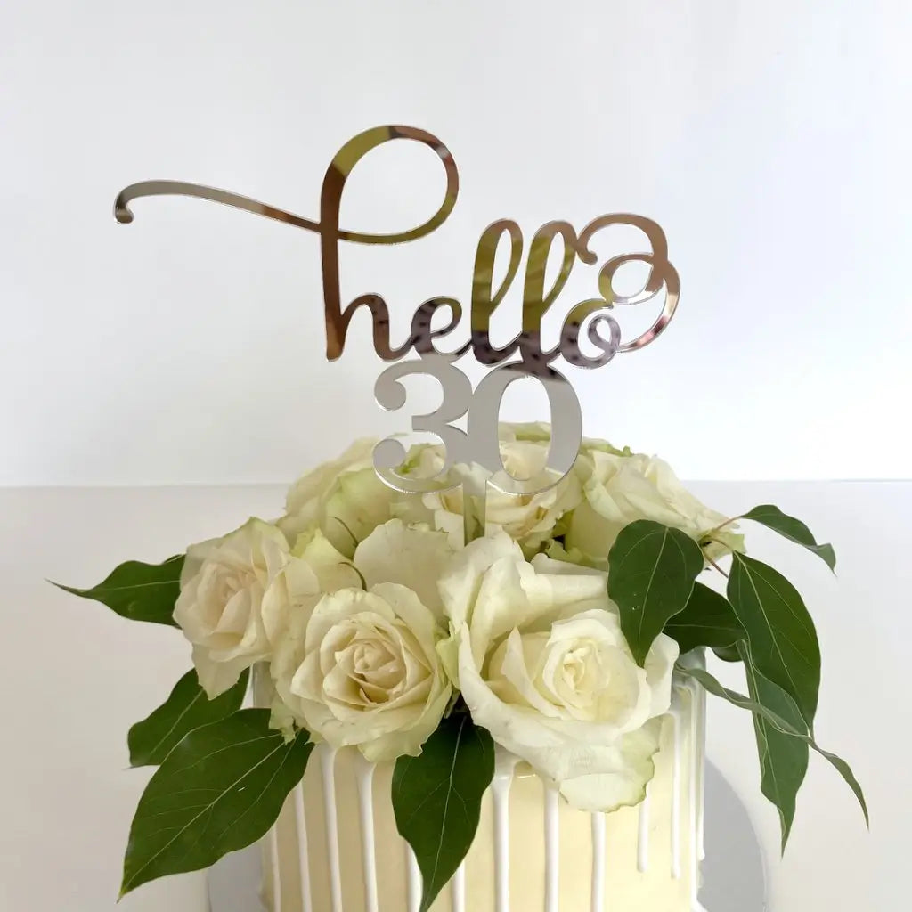 Laser Cut Acrylic Silver Mirror Hello 30 Cake Topper