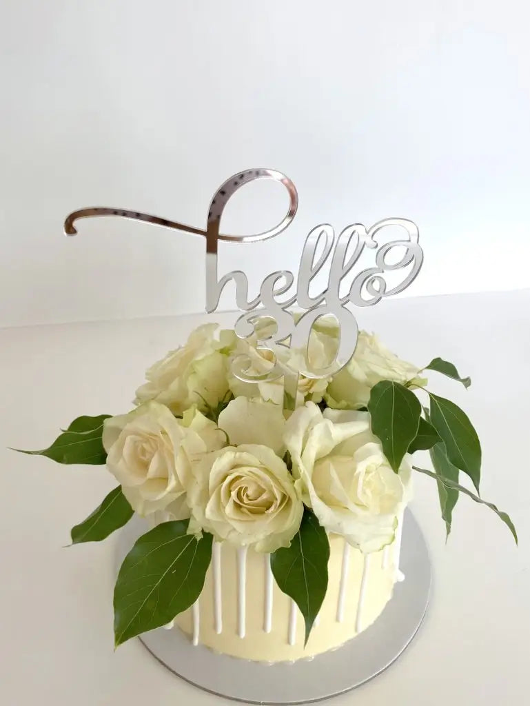 Laser Cut Acrylic Silver Mirror Hello 30 Cake Topper