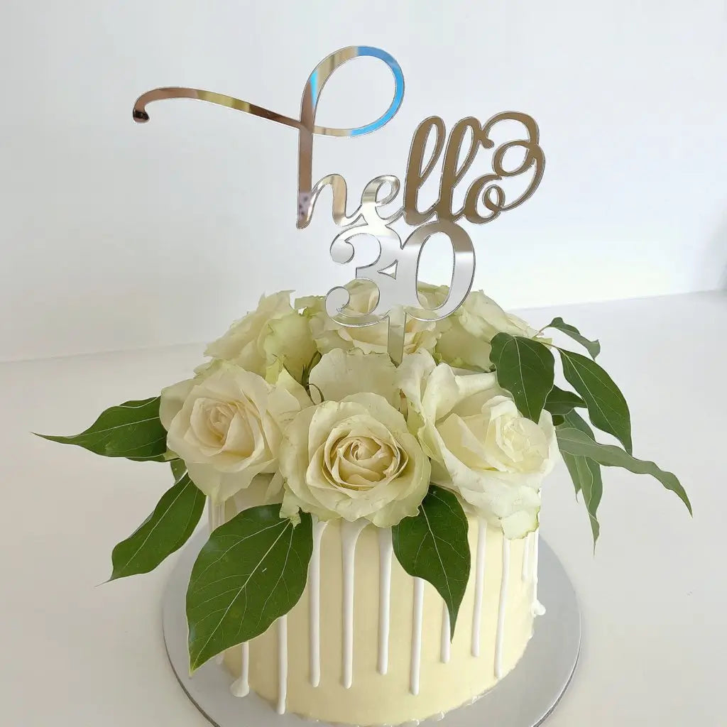 Laser Cut Acrylic Silver Mirror Hello 30 Cake Topper