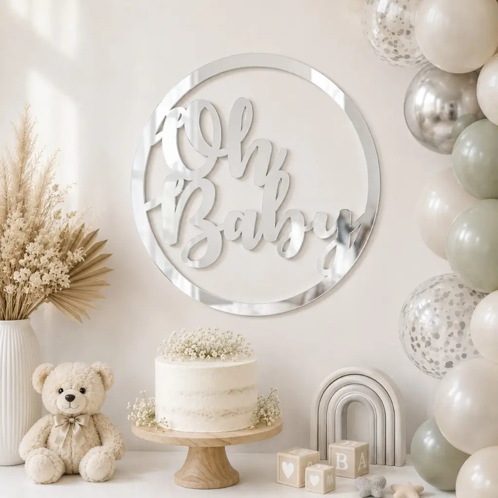 Acrylic Silver 'Oh Baby' Hoop Gender Reveal Wall Sign 40cm