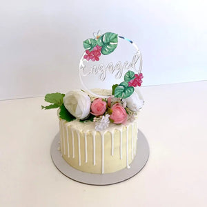 Acrylic Silver Mirror Tropical Floral 'Engaged' Loop Cake Topper