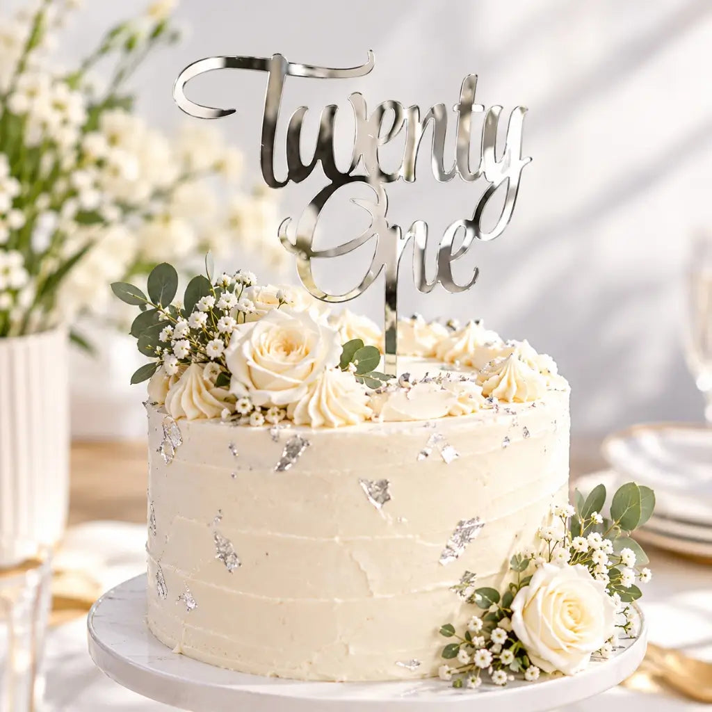 Acrylic Silver Mirror 'Twenty One' Cake Topper - 21st Birthday Party Cake Decorations