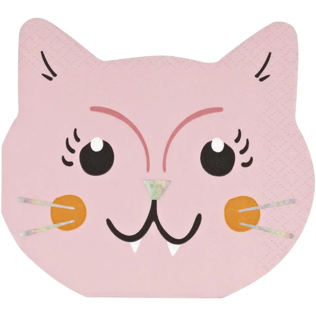 Pink cat-shaped Halloween beverage napkin with a friendly face