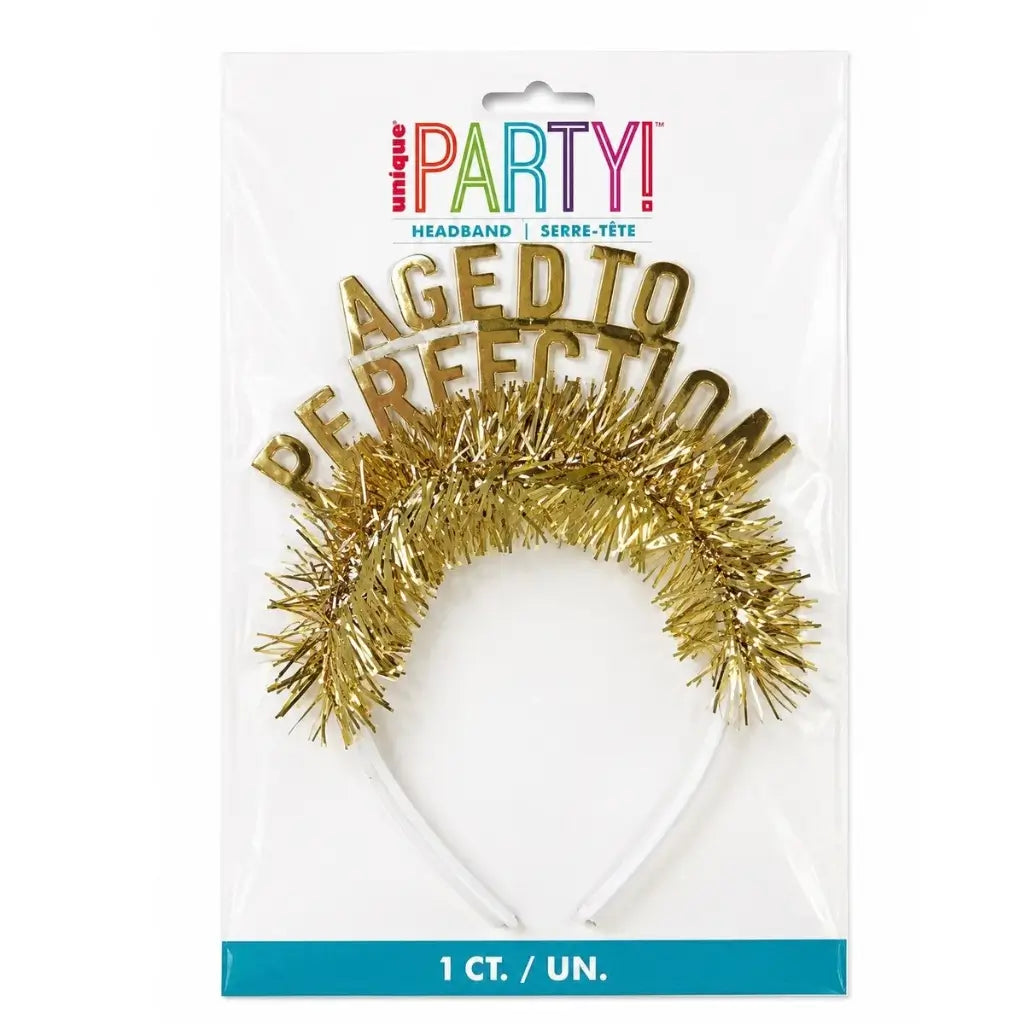 Aged to Perfection gold birthday headband with metallic foil fringe