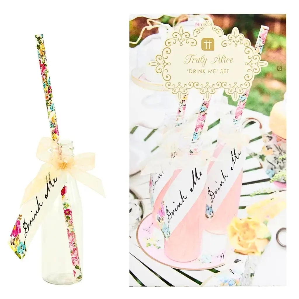 Set of 6 Truly Alice plastic bottles with paper straws for tea party