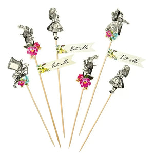 Set of 12 Truly Alice food picks featuring Alice, Mad Hatter, Rabbit, Queen