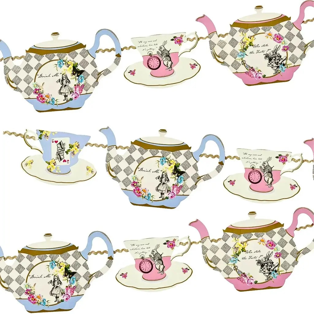 Mad Hatter tea party garland with colourful teapot and cup pennants