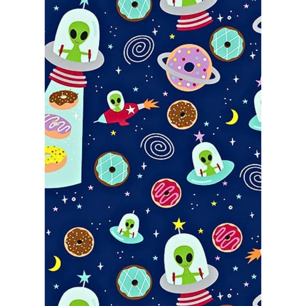 Alien space wrapping paper with UFO, donuts and planets