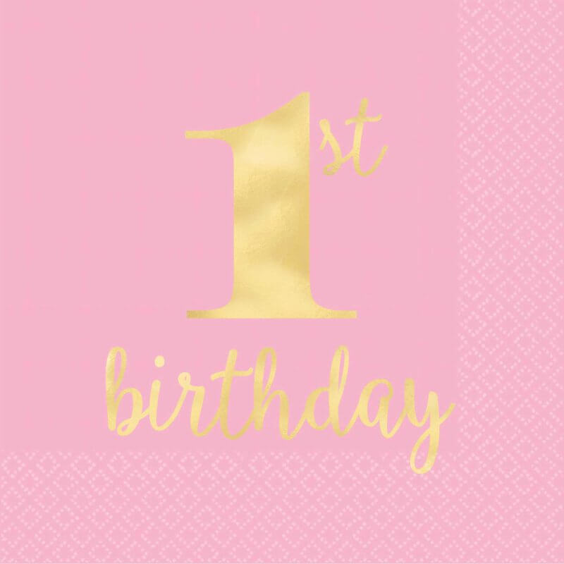 1st Birthday Pink Beverage Napkins 16 Pack