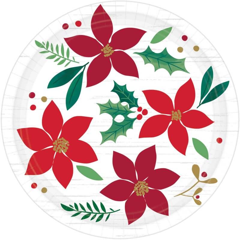 Christmas Wishes Poinsettia Paper Plates 17cm 8pk