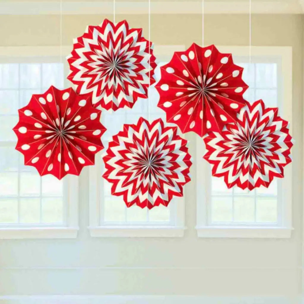 Apple Red Paper Fan Decorations 5pk