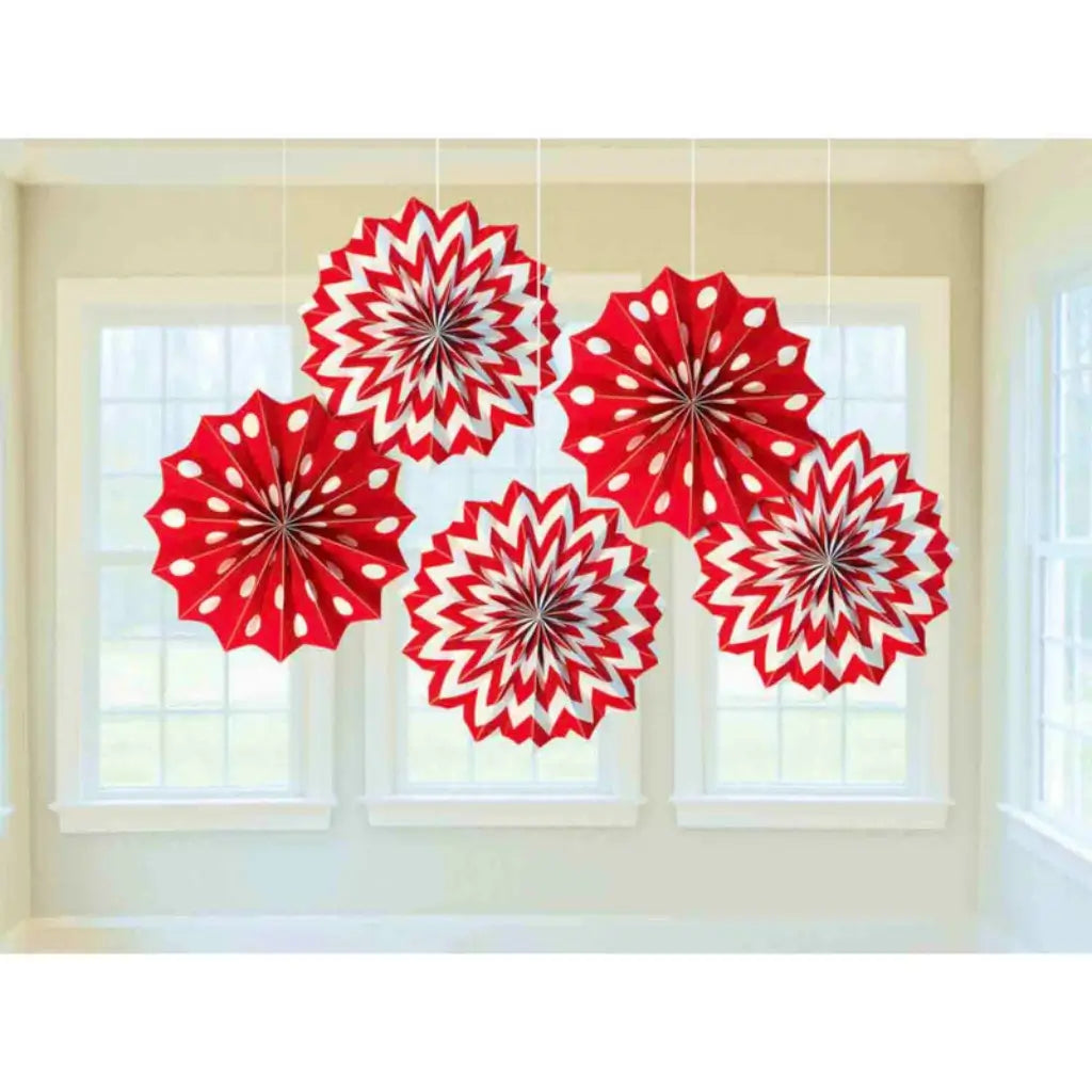 Apple Red Paper Fan Decorations 5pk