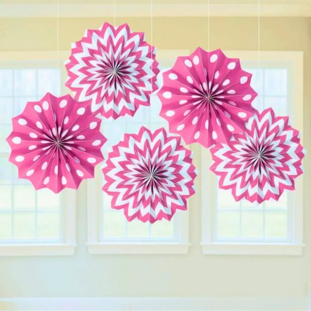 Bright Pink Printed Paper Fan Decorations 5pk