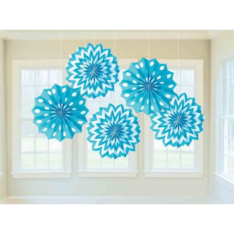 Caribbean Blue Printed Paper Fan Decorations 5 Pack