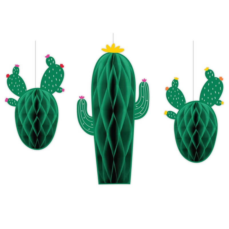 Fiesta cactus honeycomb decorations hanging at Mexican party