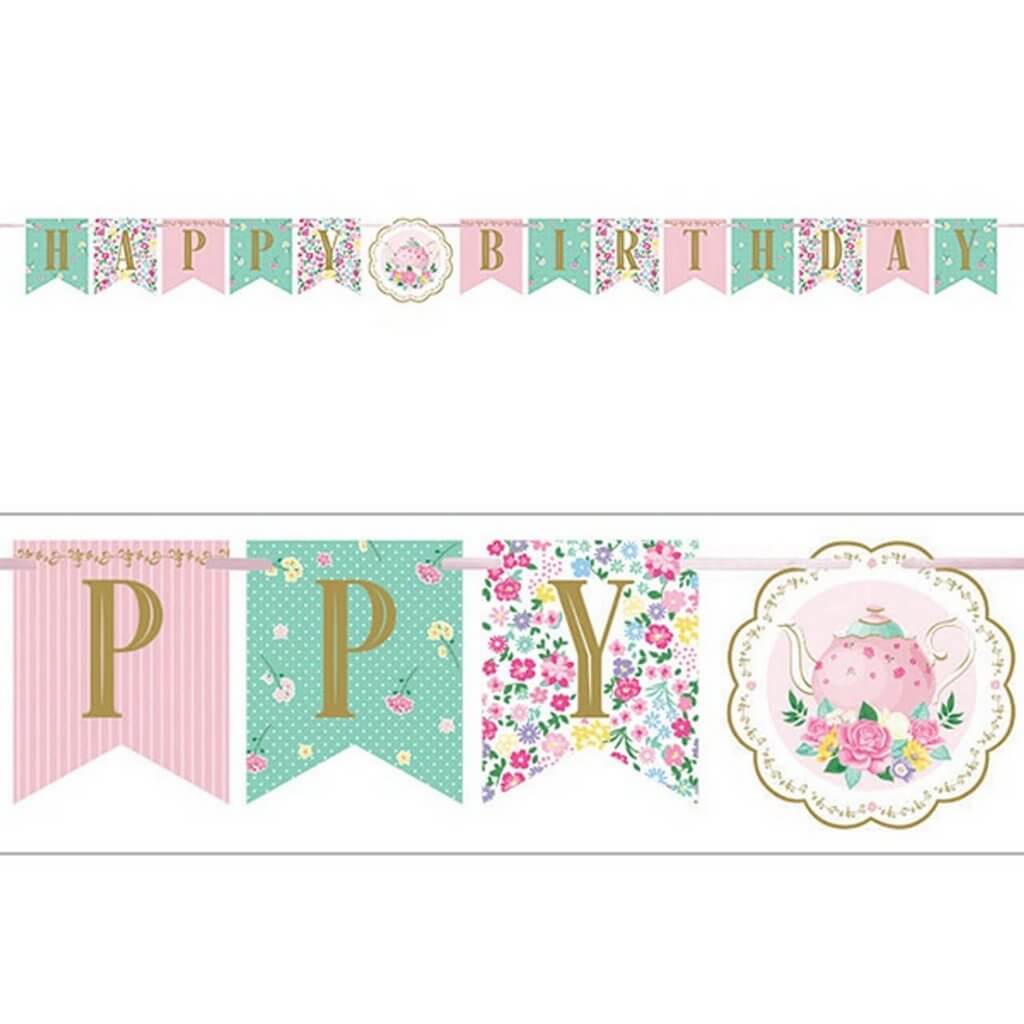 Floral Tea Party Happy Birthday Ribbon Banner