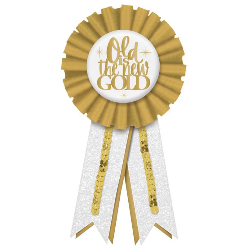 fabric, sequin & metal Over The Hill Golden Age Award Ribbon reading old is the new gold