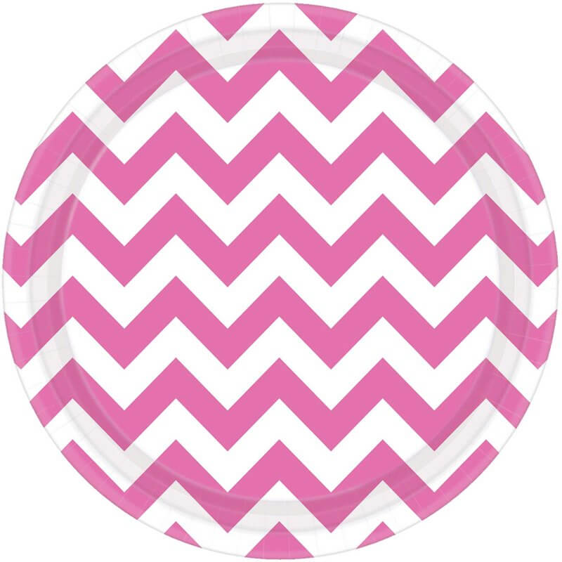 Chevron Round Paper Plates 17cm 8 Pack - Bright Pink