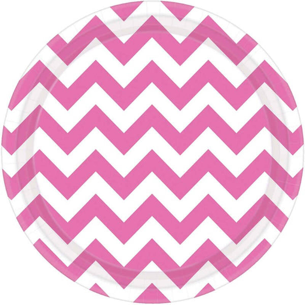 8pk Chevron Round Paper Plates 23cm Bright Pink Party Supplies