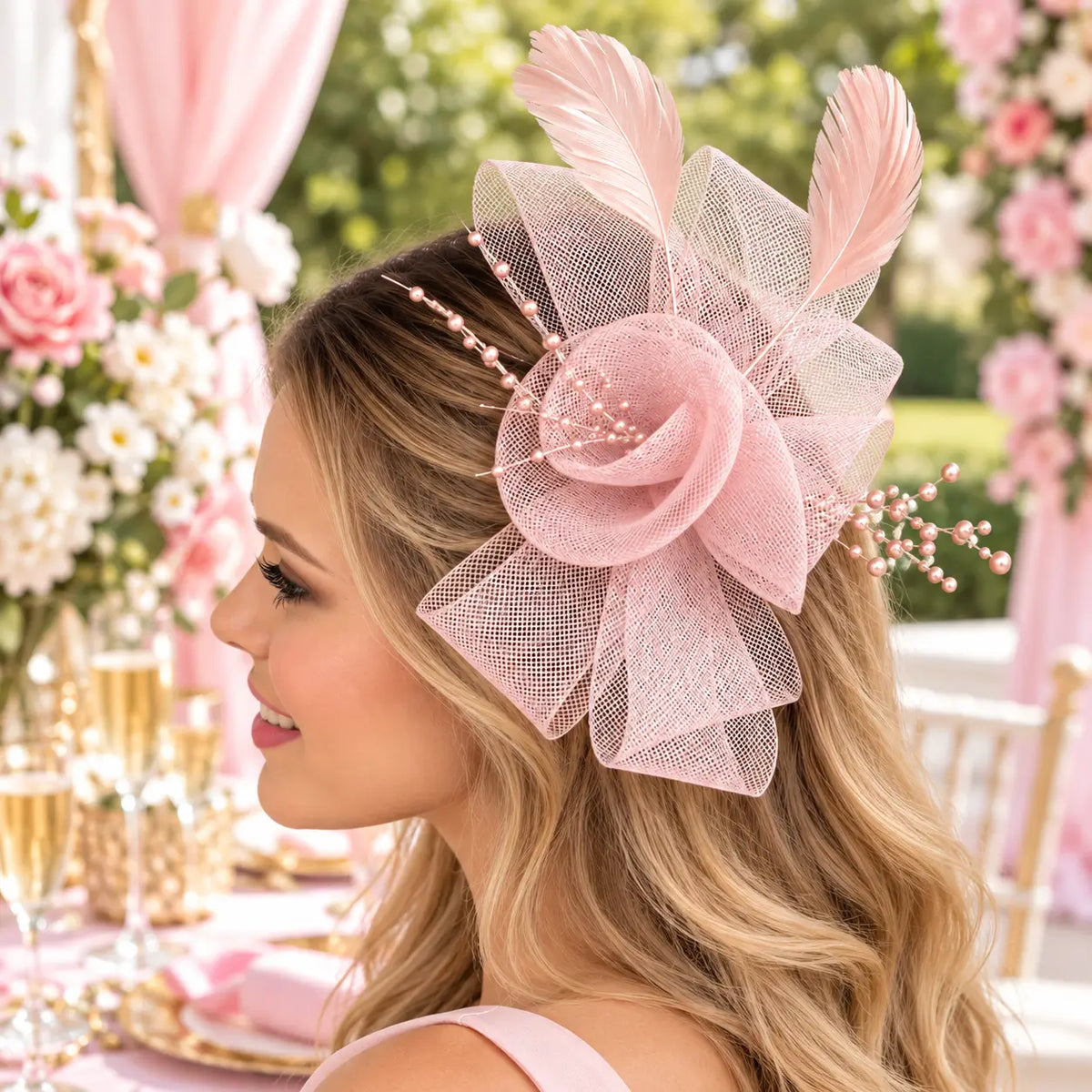 Amy dusty pink fascinator clip for Melbourne Cup celebrations