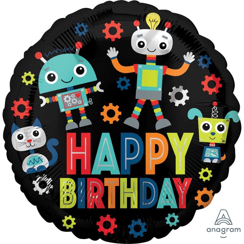 Happy Birthday Robots Round Foil Balloon 45cm