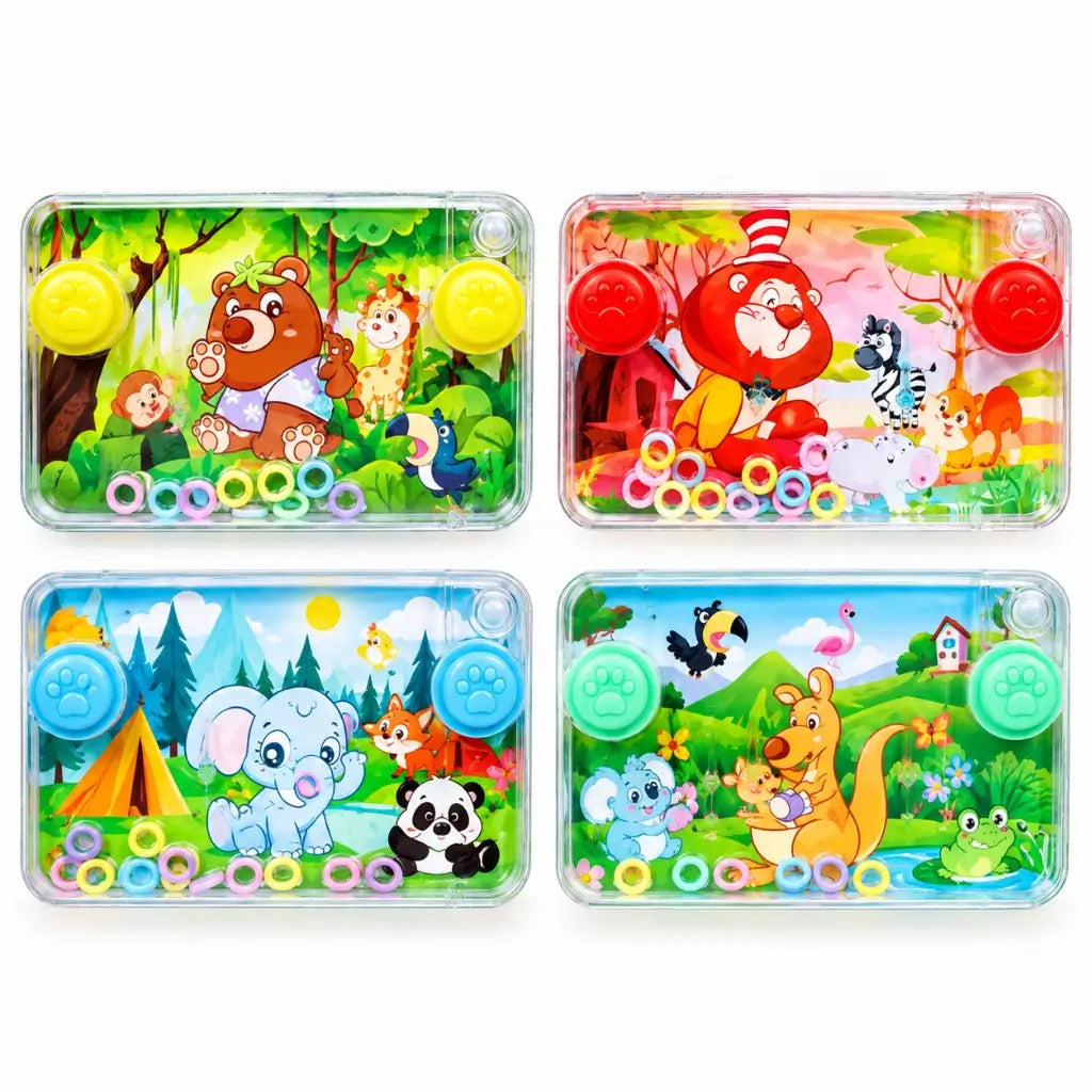 Four assorted animal handheld water ring games with colourful nature artwork