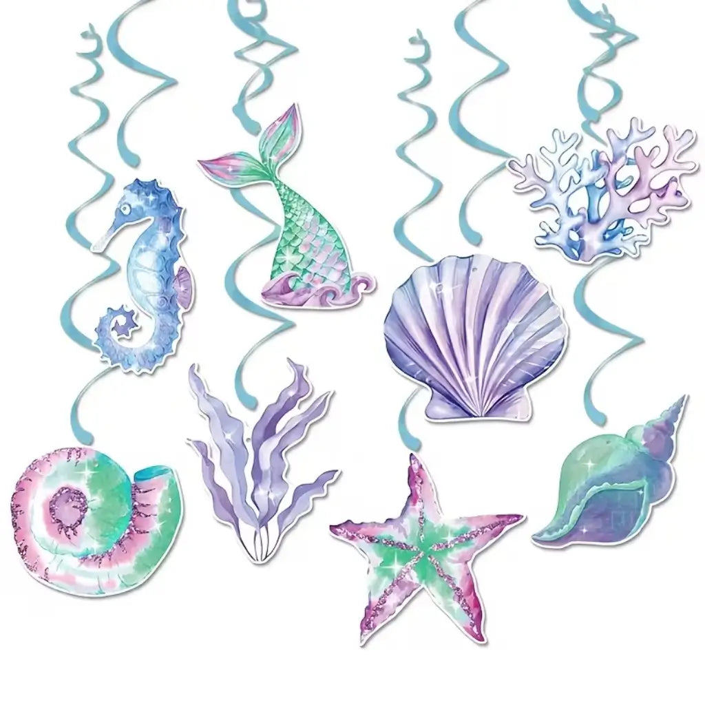 Aqua foil ceiling swirls with colourful under-the-sea cut-outs