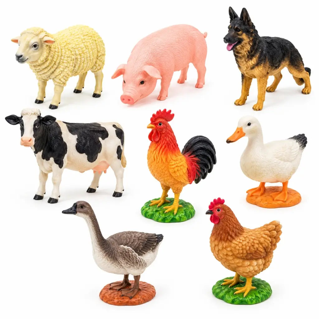 Assorted 10cm farm animal figurines including livestock and poultry