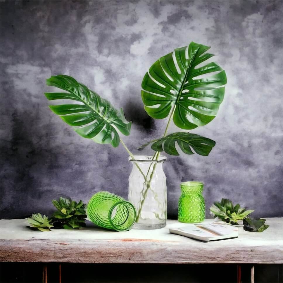 Artificial Large Green Monstera Leaf with Stem