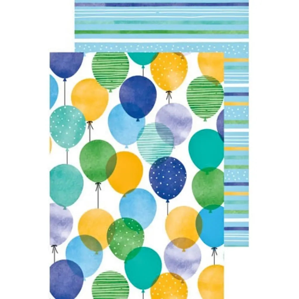 Artwrap double-sided gift wrap with colourful balloons and coordinating stripes