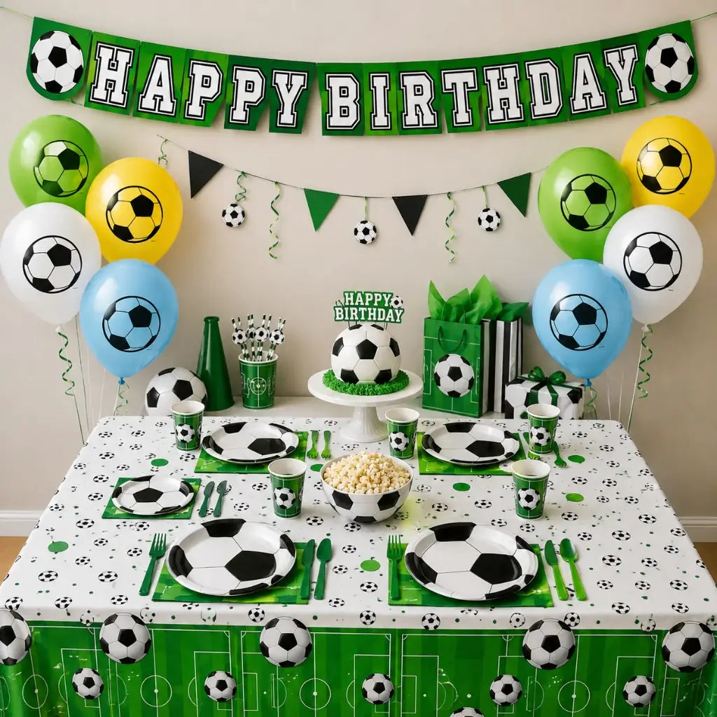 Soccer-themed birthday party setup with tableware, balloons, and decorations.