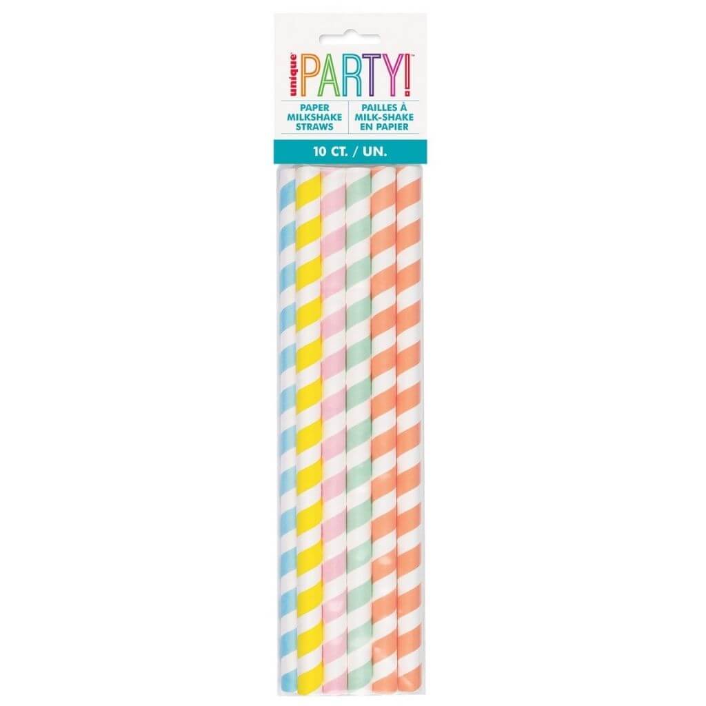 Pack of 10 Assorted Pastel Striped Paper Milkshake Straws