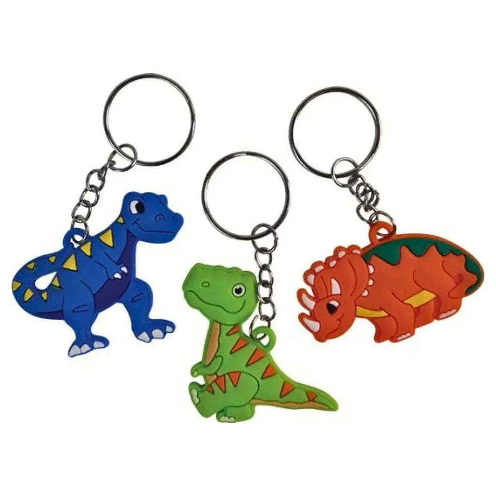 Three assorted colourful dinosaur rubber keyrings