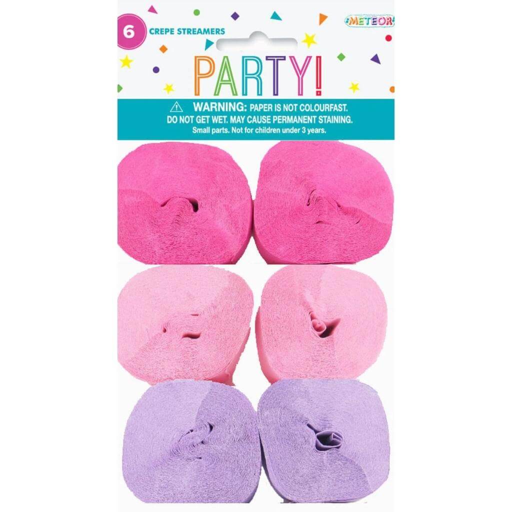 assorted girl crepe paper streamers 6 pack pink, light pink, lilac purple