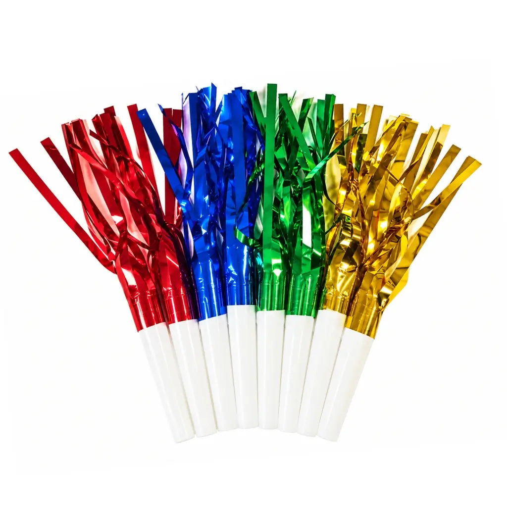 Eight assorted metallic blowout streamers in four bright colours