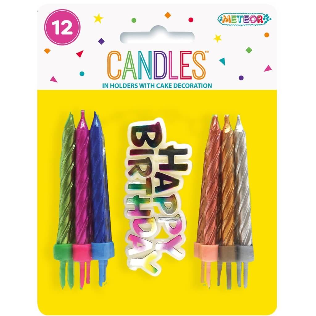 Assorted Metallic Spiral Candles in holders w/ Happy Birthday Cake Decor 12pk