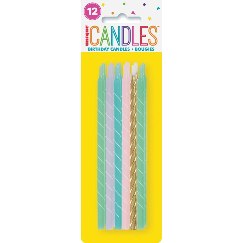 Assorted Pastel Spiral Tall Candles 12pk birthday cake decorations