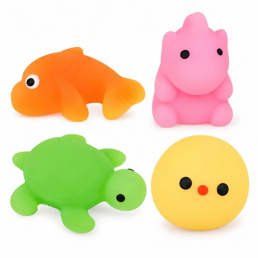 four-pack of assorted colourful squishy animal toys