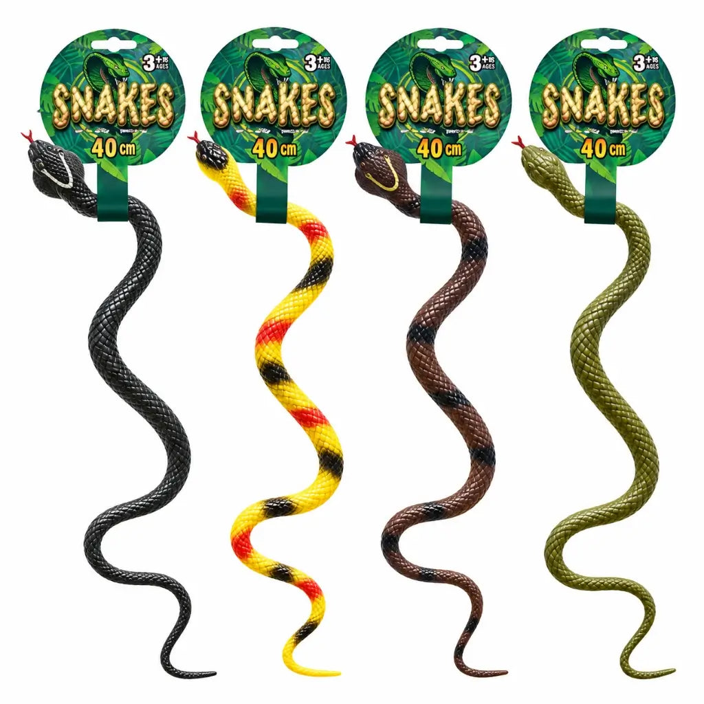 Four assorted 40cm toy snakes in black yellow brown and green designs