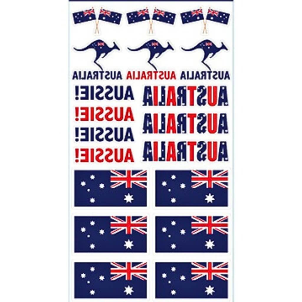 Sheet of Aussie temporary tattoos with flags and kangaroos
