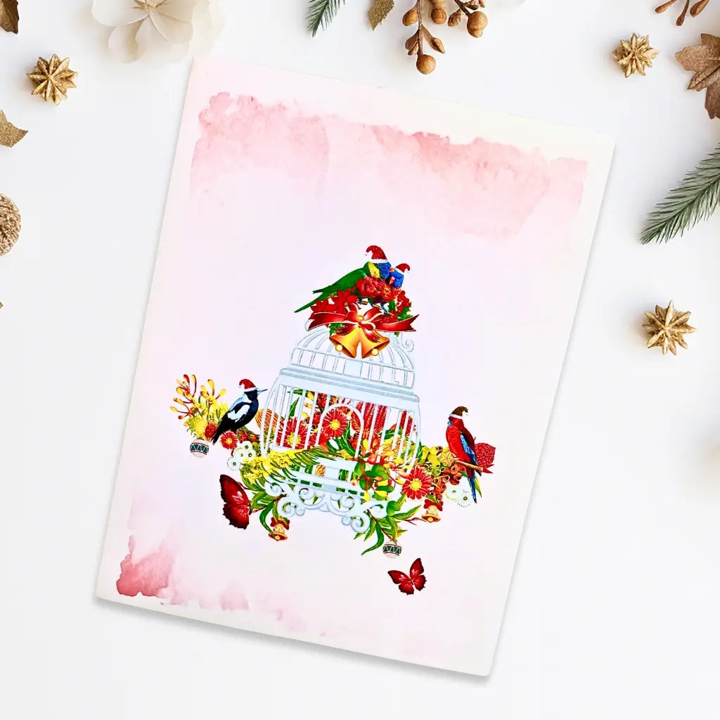 Pop-up greeting card with bird cage and Australian birds