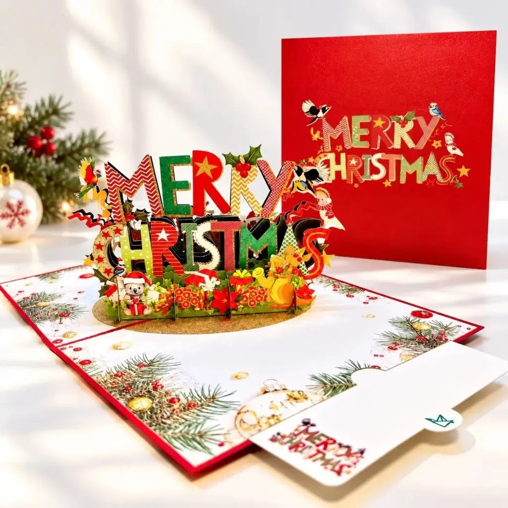  Australian birds and animals 3D Christmas greeting card displayed with festive decorations