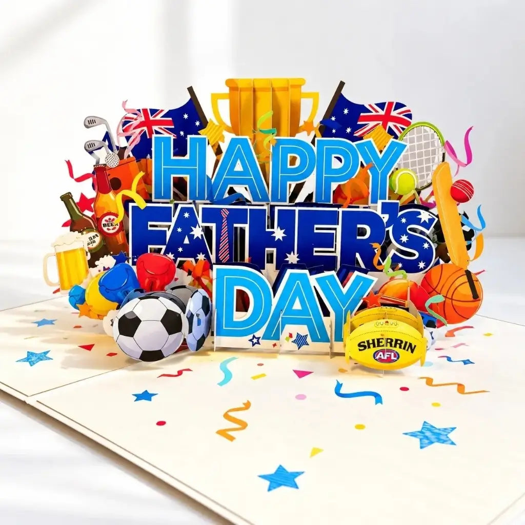 Australian sports card for Dad with flags, trophies and sporting equipment
