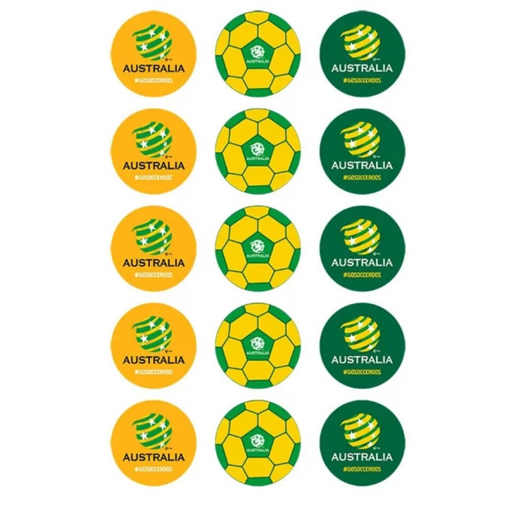 Australia Socceroos edible cupcake toppers featuring official green and gold football-inspired designs and soccer ball graphics on a 5cm pre-cut edible image sheet with 15 cupcake decorations.