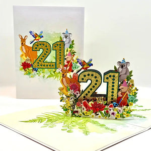 Golden 21 pop up greeting card with Aussie animals