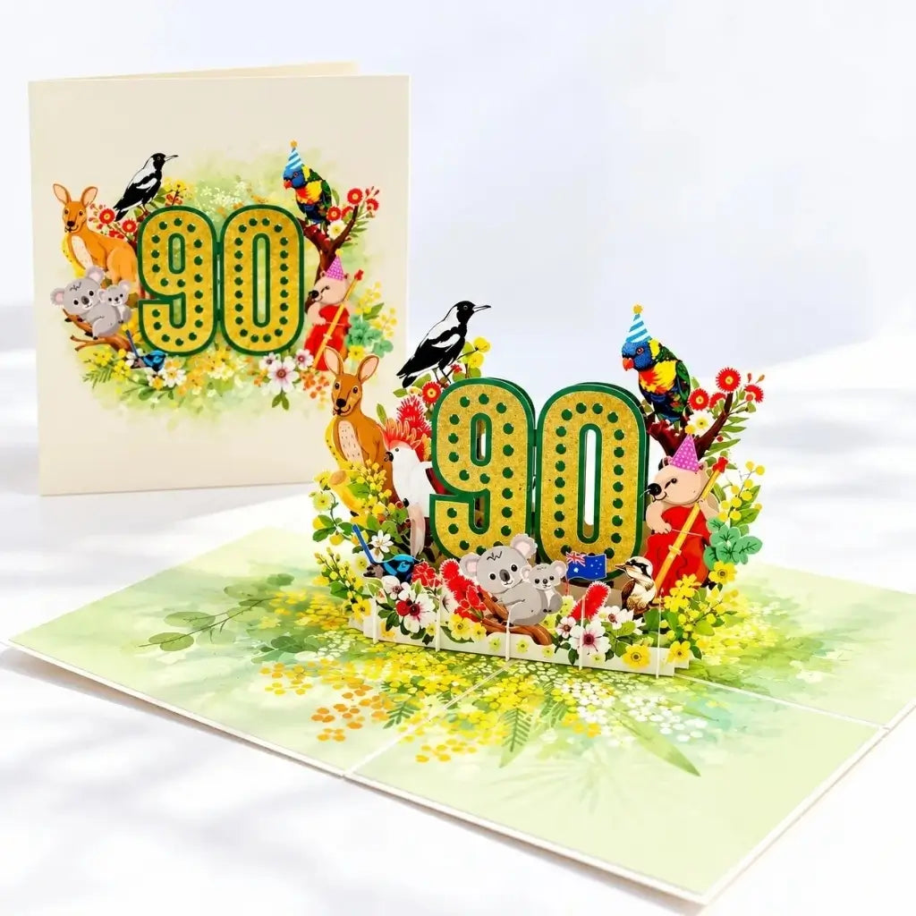 Native flower 90th birthday pop-up card with gold and green number
