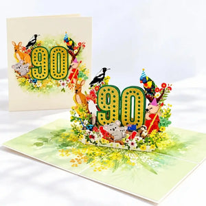 Native flower 90th birthday pop-up card with gold and green number