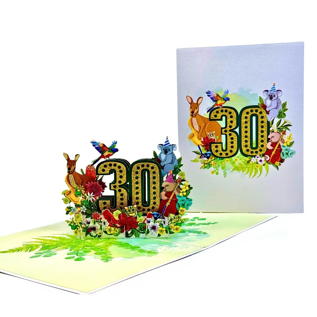Australian Animal & Native Flower Happy 30th Birthday 3D Pop Up Greeting Card