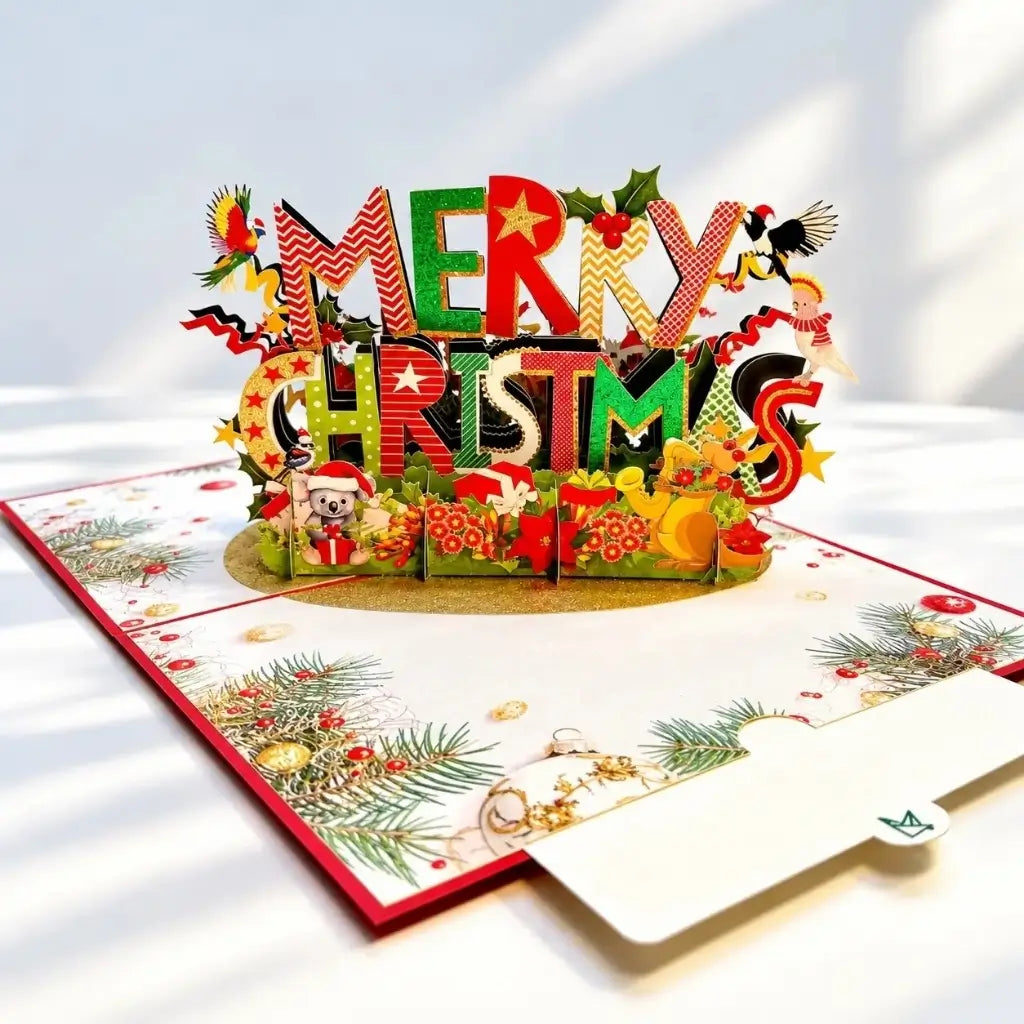 Australian native wildlife Christmas pop-up card with red Merry Christmas greeting card