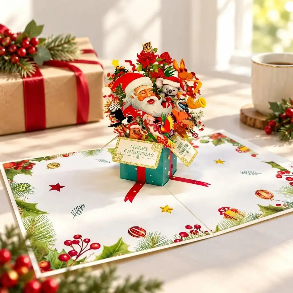 Koala and kangaroo Christmas pop-up card with Australian birds